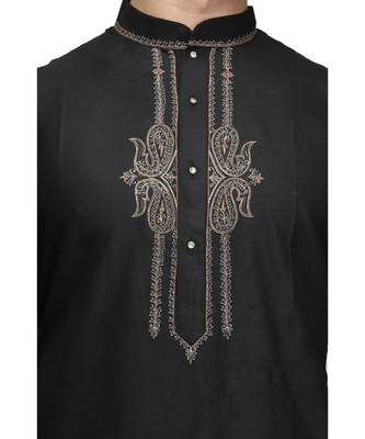 Black Cotton embroidered   stitched   mens kurta 3