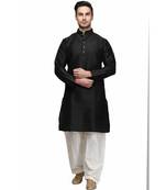 Black silk printed stitched   mens kurta