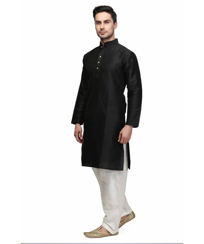 Black silk printed stitched   mens kurta
