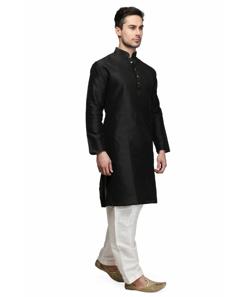 Black silk printed stitched   mens kurta