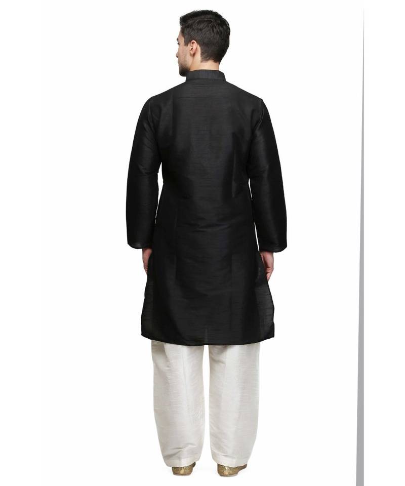 Black silk printed stitched   mens kurta