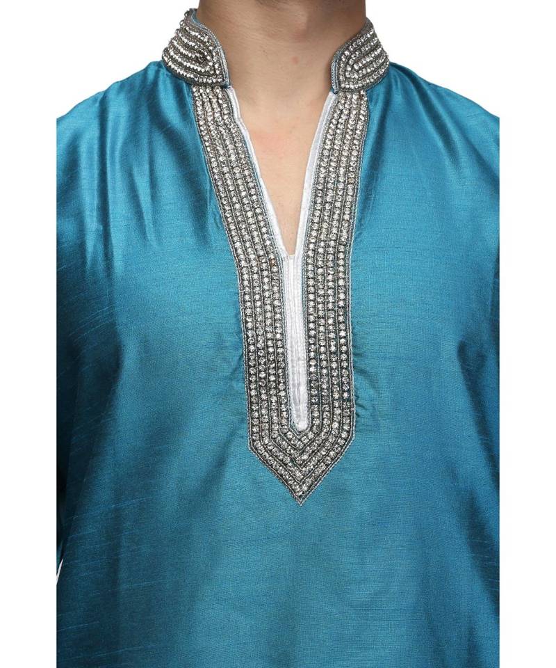 Blue silk printed stitched   mens kurta