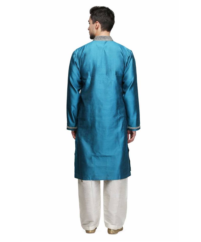 Blue silk printed stitched   mens kurta