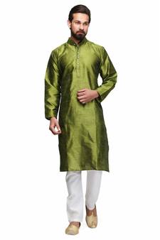 Green silk printed stitched   mens kurta