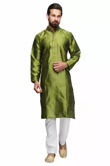 Green silk printed stitched   mens kurta