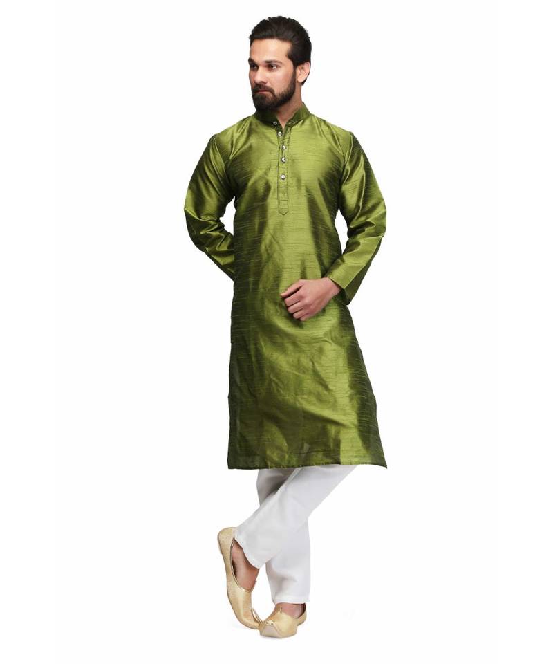 Green silk printed stitched   mens kurta
