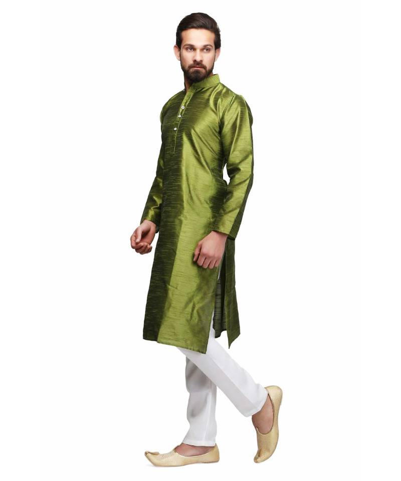 Green silk printed stitched   mens kurta