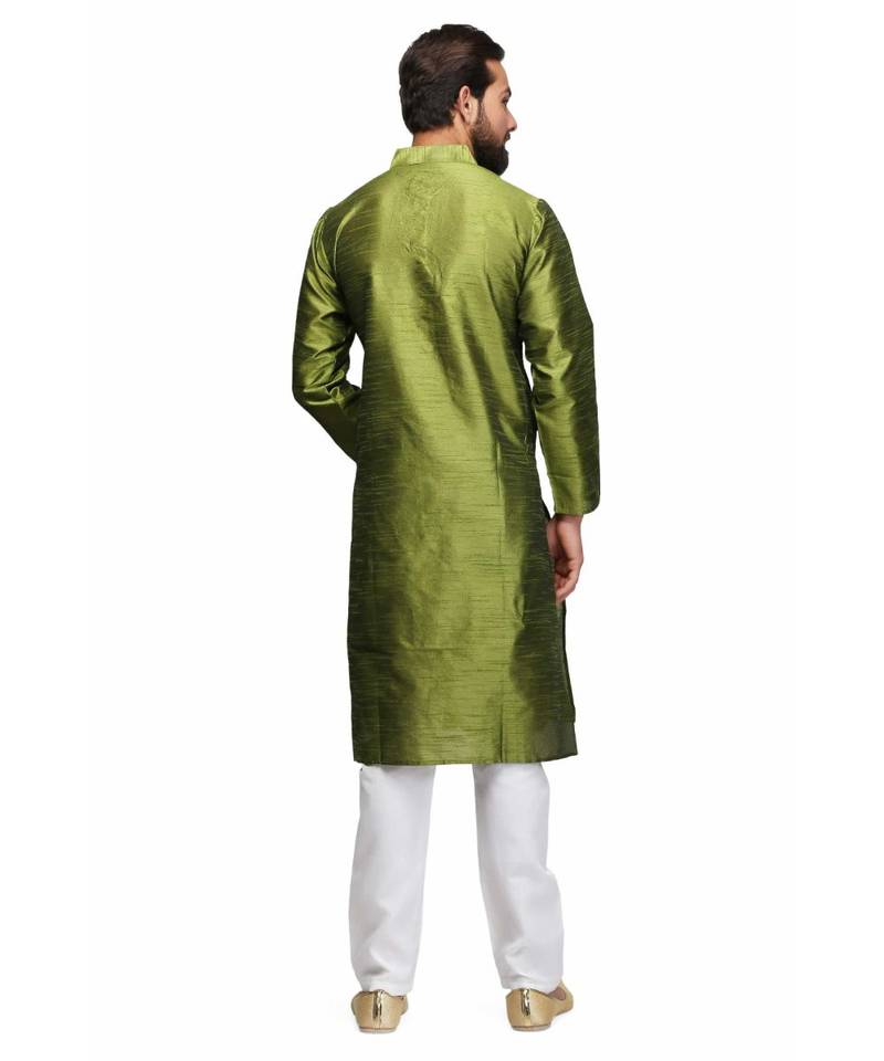 Green silk printed stitched   mens kurta
