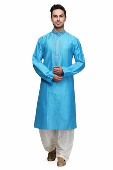Blue Cotton embroidered   stitched   mens kurta