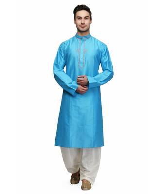 Blue Cotton embroidered   stitched   mens kurta 1