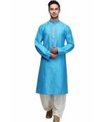 Blue Cotton embroidered   stitched   mens kurta