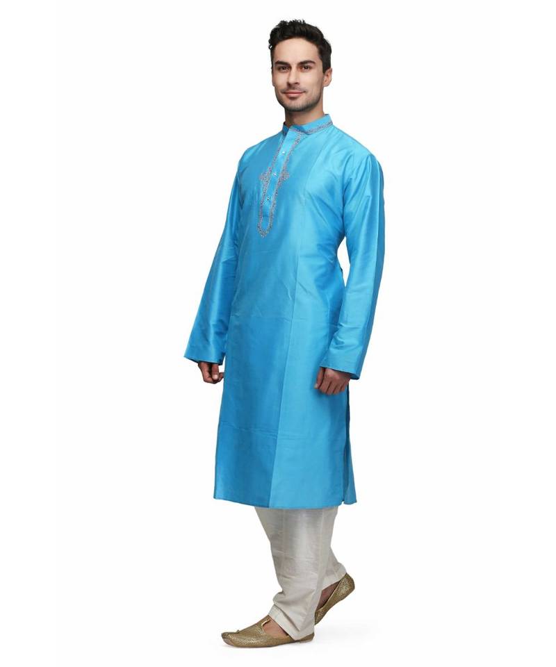 Blue Cotton embroidered   stitched   mens kurta