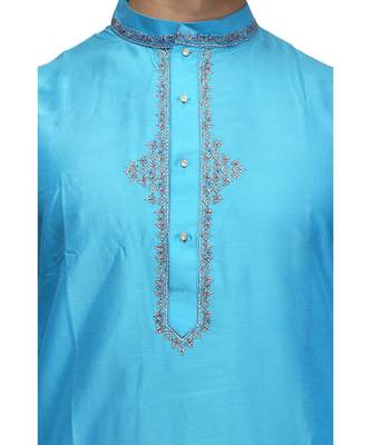 Blue Cotton embroidered   stitched   mens kurta 4