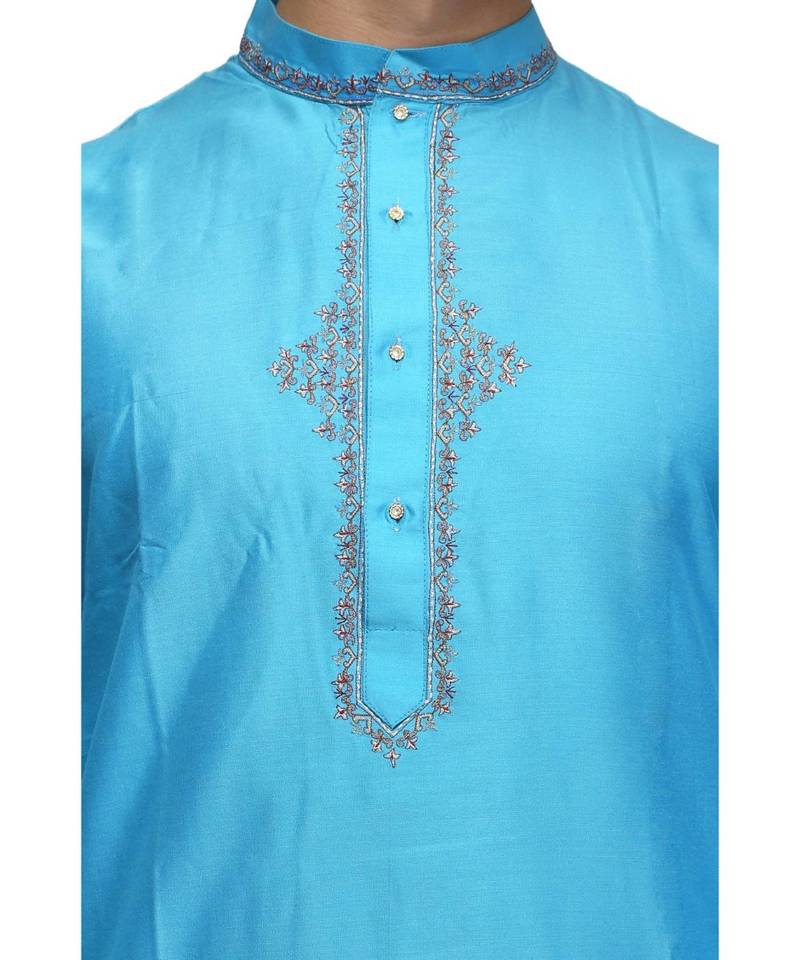 Blue Cotton embroidered   stitched   mens kurta