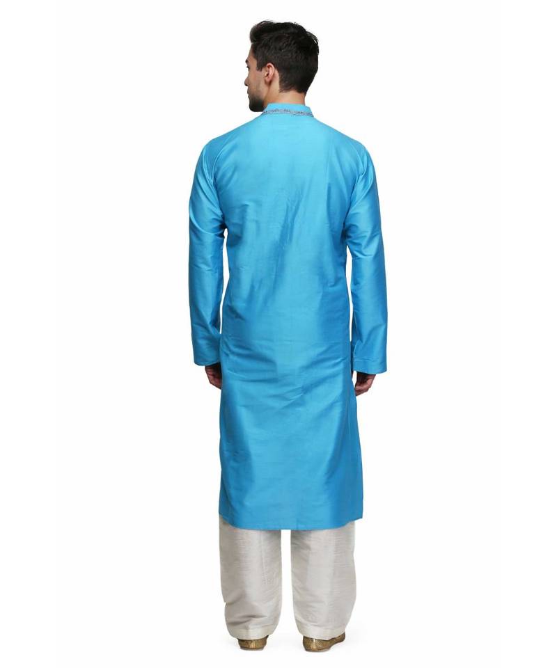 Blue Cotton embroidered   stitched   mens kurta