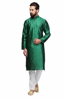 Green silk printed stitched   mens kurta