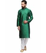 Green silk printed stitched   mens kurta