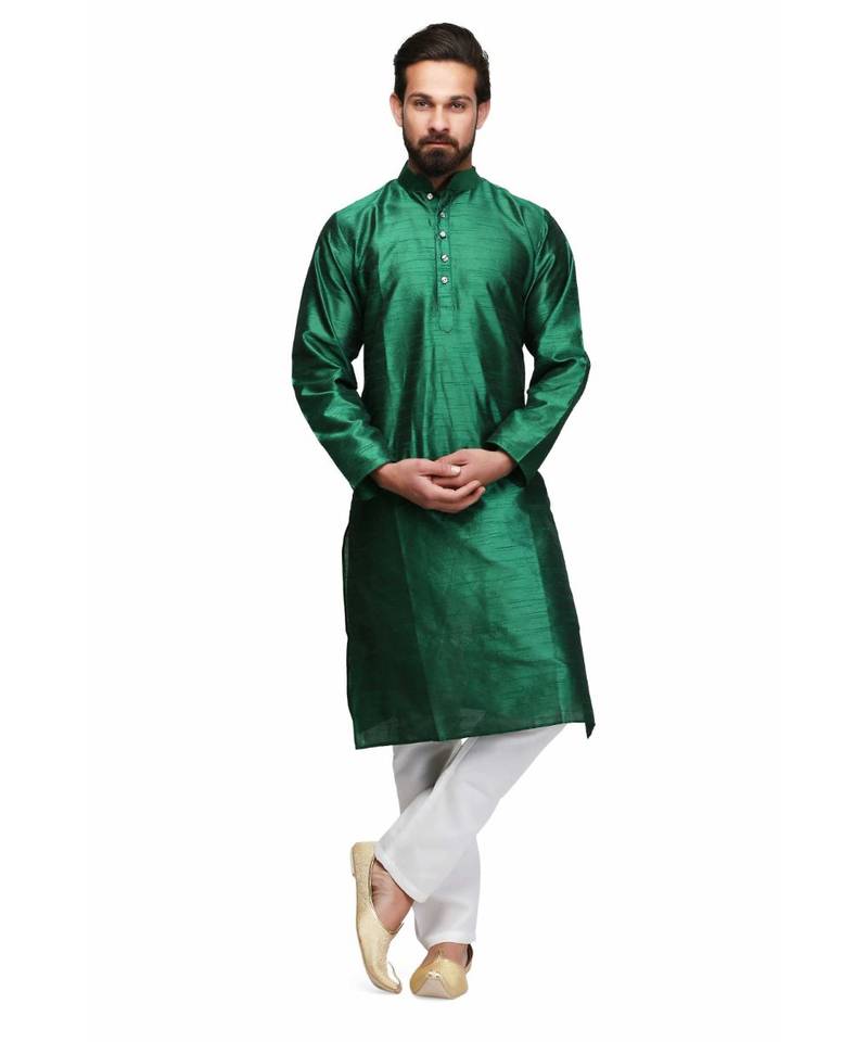 Green silk printed stitched   mens kurta