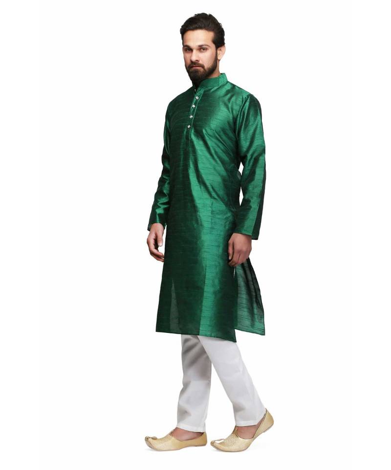 Green silk printed stitched   mens kurta