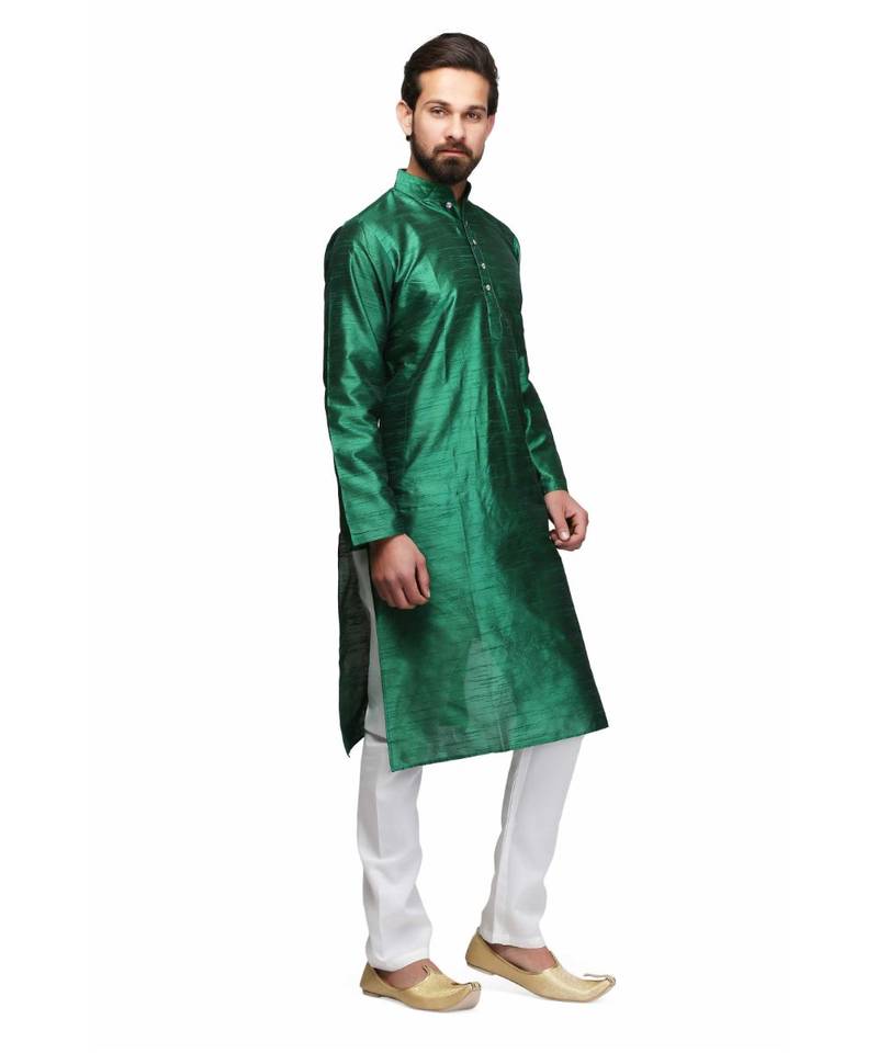 Green silk printed stitched   mens kurta