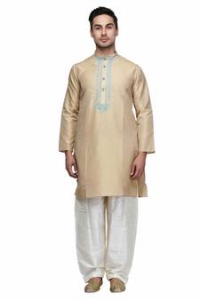 Beige silk embroidered   stitched   mens kurta