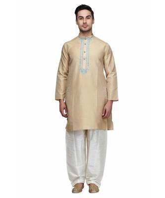 Beige silk embroidered   stitched   mens kurta 1