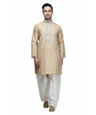 Beige silk embroidered   stitched   mens kurta 2