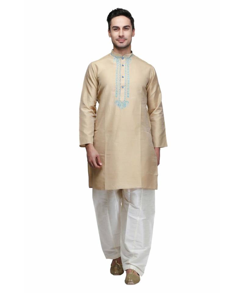 Beige silk embroidered   stitched   mens kurta