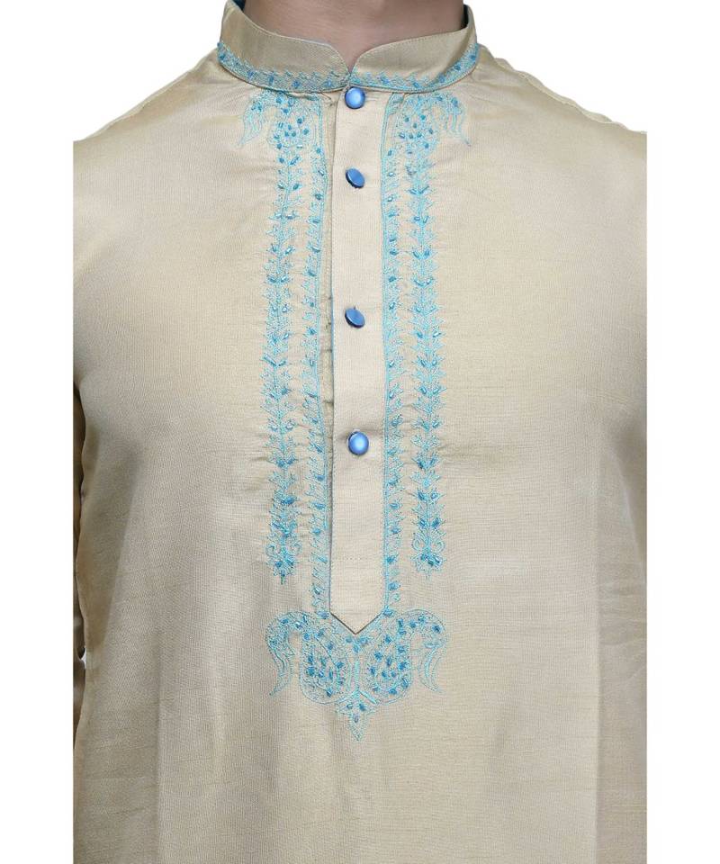 Beige silk embroidered   stitched   mens kurta