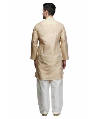 Beige silk embroidered   stitched   mens kurta 4