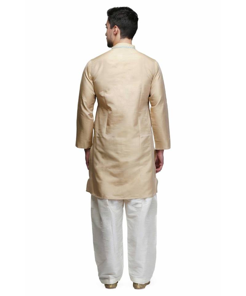 Beige silk embroidered   stitched   mens kurta