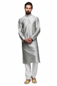 Silver silk printed stitched   mens kurta