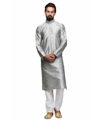 Silver silk printed stitched   mens kurta 1