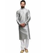 Silver silk printed stitched   mens kurta