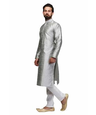 Silver silk printed stitched   mens kurta 2