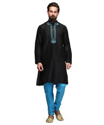 Black Cotton embroidered   stitched   mens kurta 1