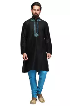 Black Cotton embroidered   stitched   mens kurta