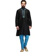 Black Cotton embroidered   stitched   mens kurta