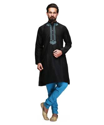 Black Cotton embroidered   stitched   mens kurta 2