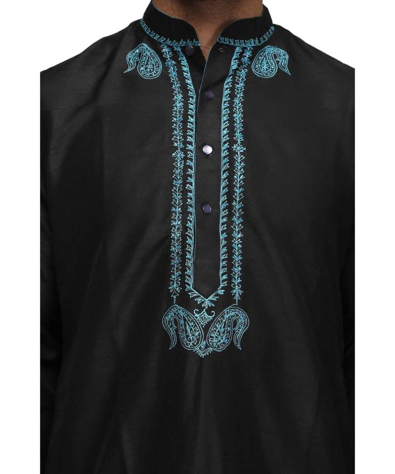 Black Cotton embroidered   stitched   mens kurta
