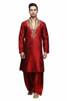 Red silk printed stitched   mens kurta