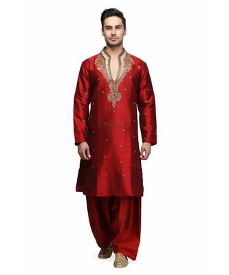 Red silk printed stitched   mens kurta 1