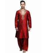 Red silk printed stitched   mens kurta