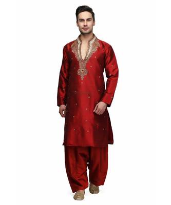Red silk printed stitched   mens kurta 2