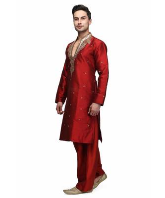 Red silk printed stitched   mens kurta 3