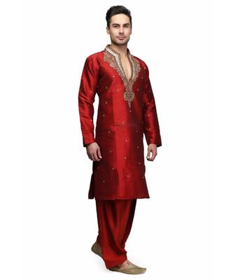 Red silk printed stitched   mens kurta 4