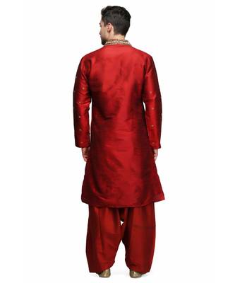Red silk printed stitched   mens kurta 5