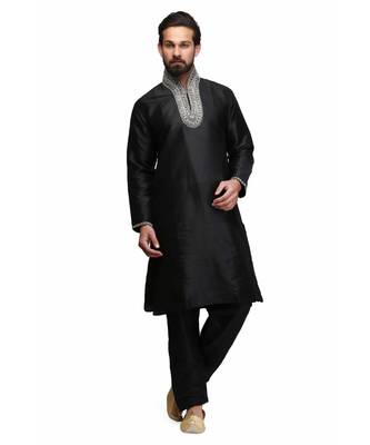 Black silk printed stitched   mens kurta 1