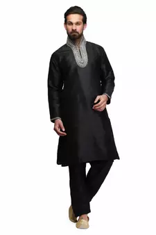 Black silk printed stitched   mens kurta