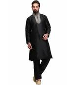 Black silk printed stitched   mens kurta